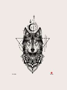 1 Pieza Tatuaje Temporario Con Diseño De Lobo Y Luna - Negro - Ver 3