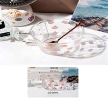 1pc Household Glass Cup For Milk, Oatmeal, Breakfast With Scale, Lid, Spoon, Printed Design For Students