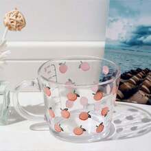 1pc Household Glass Cup For Milk, Oatmeal, Breakfast With Scale, Lid, Spoon, Printed Design For Students