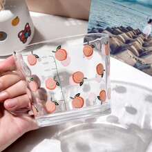 1pc Household Glass Cup For Milk, Oatmeal, Breakfast With Scale, Lid, Spoon, Printed Design For Students