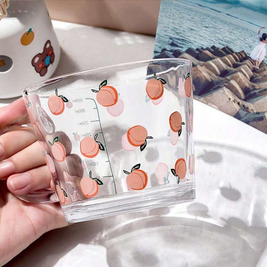 1pc Household Glass Cup For Milk, Oatmeal, Breakfast With Scale, Lid, Spoon, Printed Design For Students