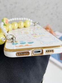 手机挂绳 1条 电镀防震手机壳卡通兔子花朵串珠链 兼容苹果、三星、小米、OPPO、vivo，国际版，非国内版 - 白色 - 查看 2