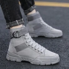 男士高幫系帶厚底運動鞋,防滑青少年和學生運動鞋,時尚戶外透氣帆布鞋,舒適休閒鞋 - 灰色 - 查看 1