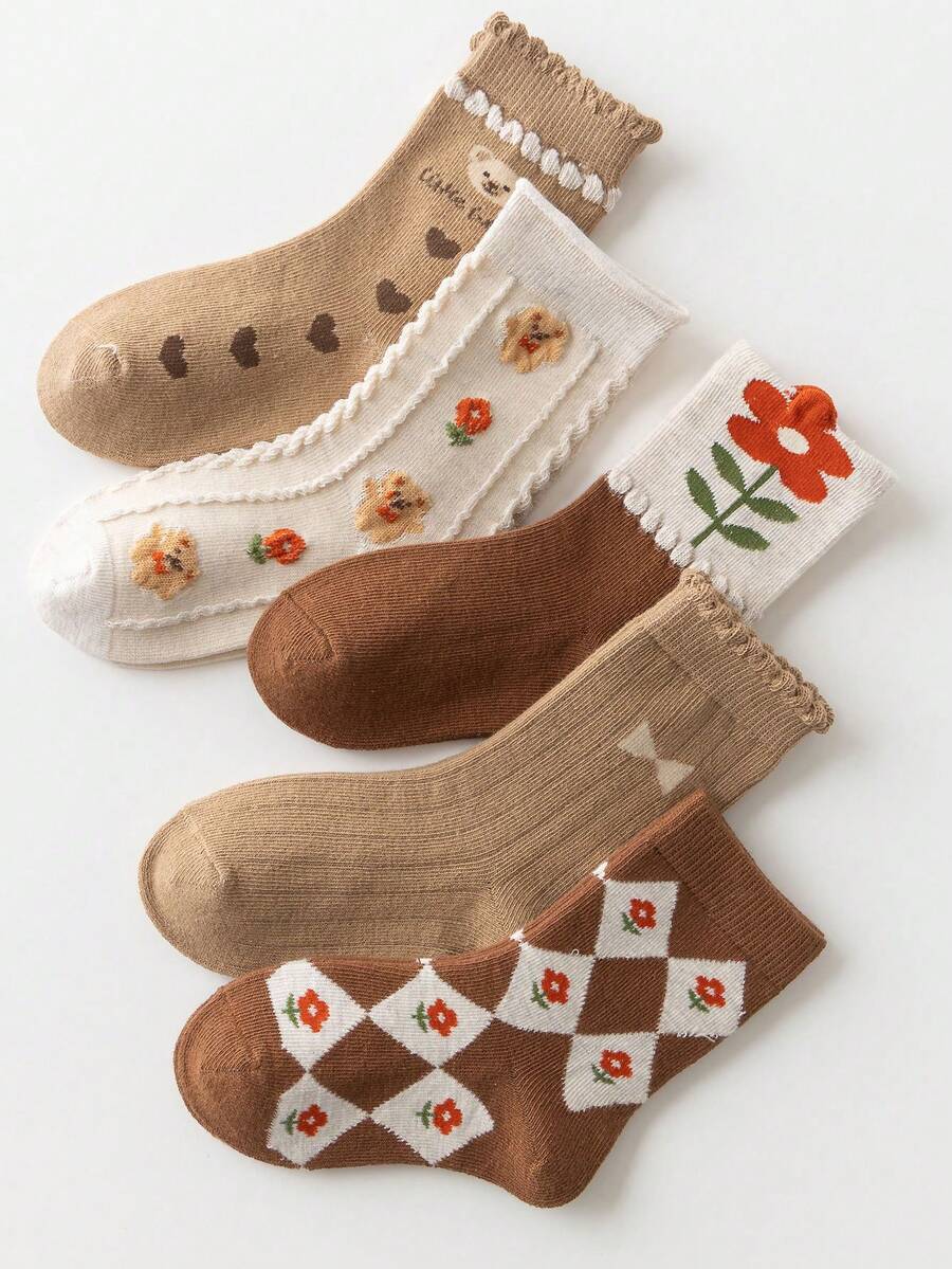 5對/套女孩卡其色心花熊小腿中部冬天襪子,適合適用於時代1-2,2-3,3-8,8-12 - 彩色 - 查看 1