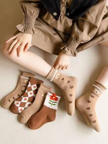 5對/套女孩卡其色心花熊小腿中部冬天襪子,適合適用於時代1-2,2-3,3-8,8-12 - 彩色 - 查看 8