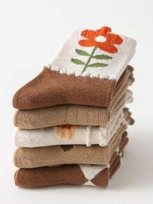 5對/套女孩卡其色心花熊小腿中部冬天襪子,適合適用於時代1-2,2-3,3-8,8-12 - 彩色 - 查看 3