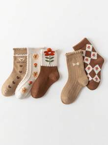 5對/套女孩卡其色心花熊小腿中部冬天襪子,適合適用於時代1-2,2-3,3-8,8-12 - 彩色 - 查看 2