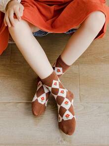 5對/套女孩卡其色心花熊小腿中部冬天襪子,適合適用於時代1-2,2-3,3-8,8-12 - 彩色 - 查看 5