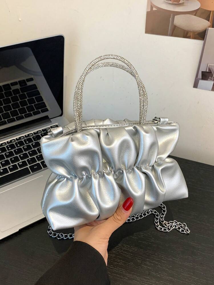 1 Piece Of Silver PU Pleated Stylish Simple New Versatile Tote Bag For Women's Daily Datesmatching,Perfect For Wedding Dress,Formal Dresses For Women,Prom Dress, Birthday Dress