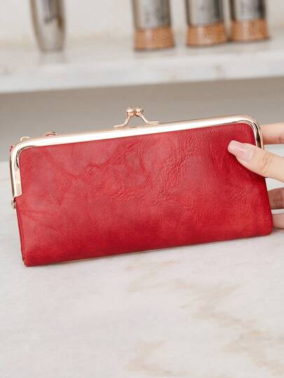 MIYIN 时尚复古对折拉链吻锁钱包，女士钱包，带卡槽和身份证窗口，简约PU皮革长款钱包，适合女性日常使用，红色