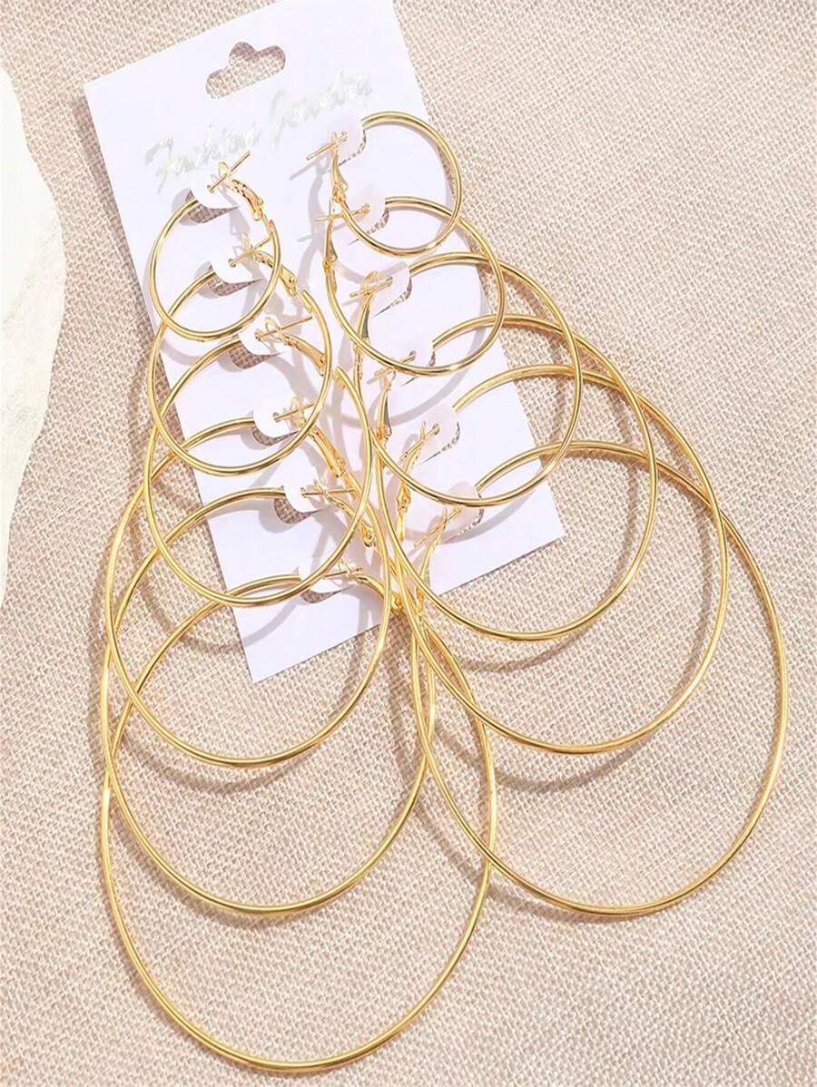 6pairs/Set European And American Exaggerated Metallic Large Hoop Earrings Set, Personalized Simple Fashion Circle Combo Hoop Earrings