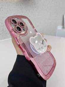 1pc Electroplated Anti-fall Phone Case With Bear-shaped Mirror & Stand + Sparkling Card Sticker + Latest Style Foldable Phone Stand, Compatible With Apple, Samsung, Xiaomi, Oppo, Vivo - Pink - View 7