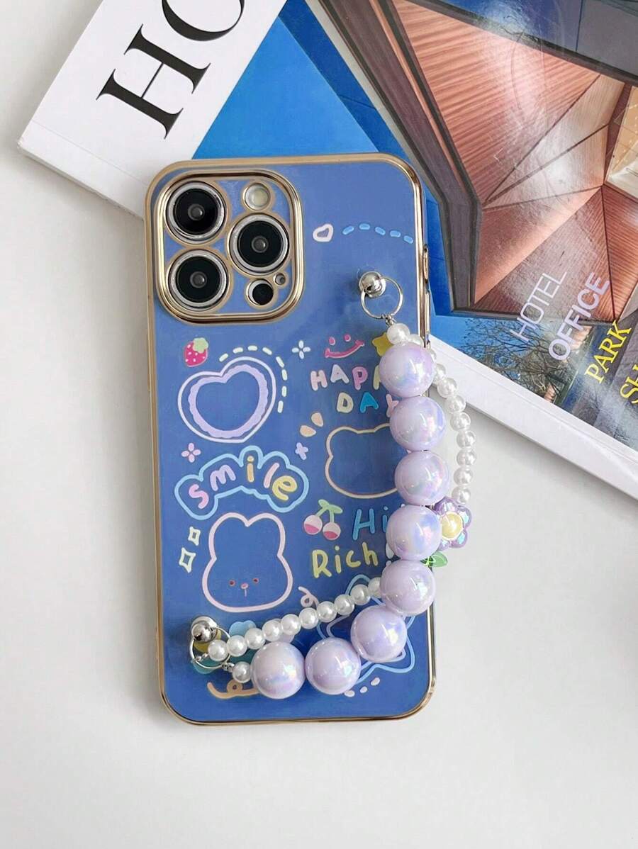 1个卡通兔子花朵串珠链电镀防摔手机壳，兼容苹果、三星、小米、OPPO、vivo，国际版，非国内版 - 藍色 - 查看 1