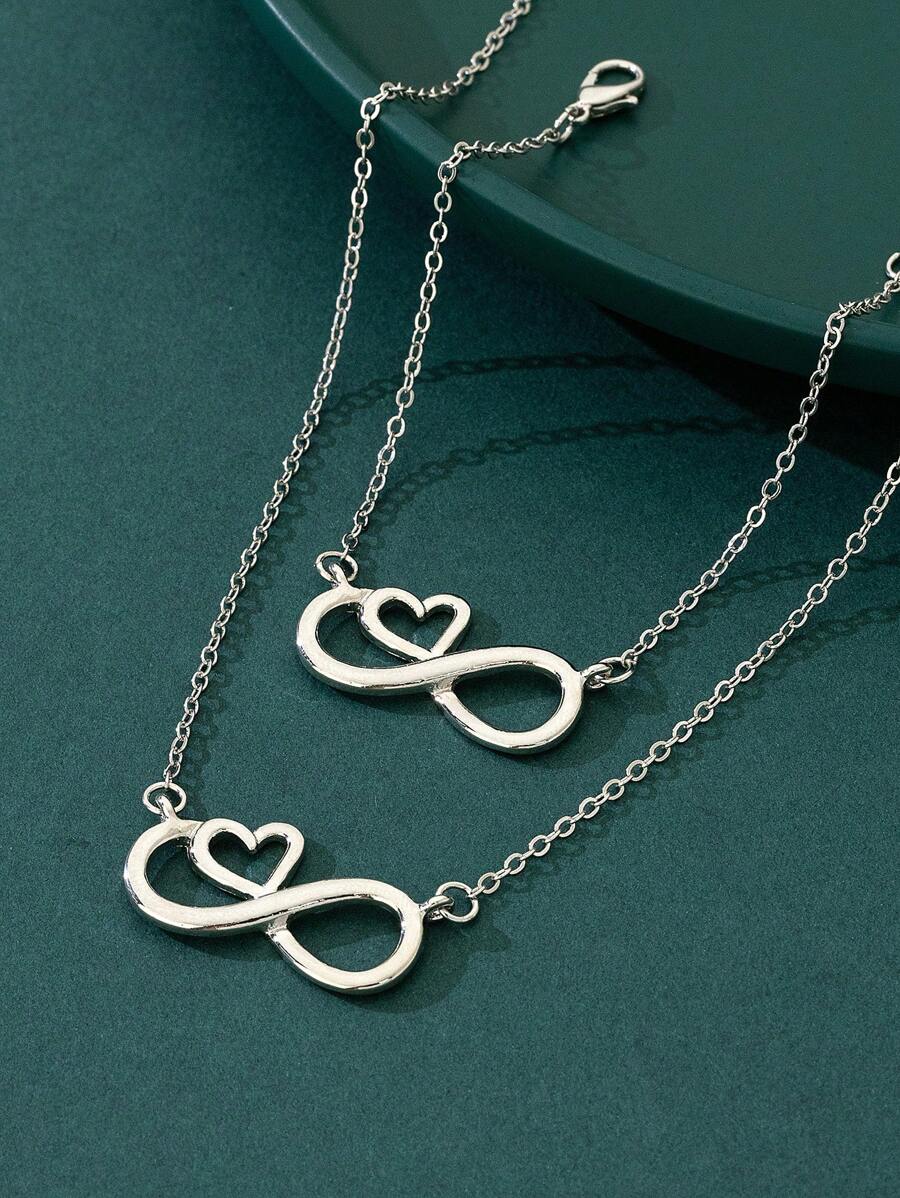 1入組金屬心形和幾何8符號吊墜項鍊+手鍊套裝 - 銀色 - 查看 1