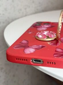 1 Set Hand-Painted Shockproof Phone Case + Diamond Ring Holder Stand + Latest Phone Case With Hidden Stand + Compatible With Apple, Samsung, Xiaomi, OPPO, VIVO + Diamond Flower Stand Series With Hidden Stand Design, Compatible With Apple 11/12/13/14/15promax, Samsung S22/23/24+UA04/A05/A14/A15/A24/A25/A34/A54S, Xiaomi, OPPO Reno/Realme/VIVO Redmi13c+Huawei. - Red - View 3