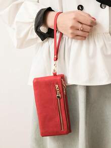 MIYIN 复古女士长款钱包，带腕带；简约对折大容量仿皮钱包，带拉链口袋；女士手拿包/手提包，带卡槽和身份证窗口；适合日常使用；红色 - 紅色 - 查看 6