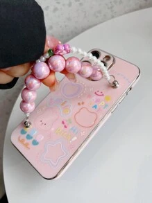 With Phone Charm Pink 1pc Electroplated Shockproof Phone Case With Cartoon Rabbit, Flower & Beaded Strap, Compatible With IPhone, Compatible With Samsung, Compatible With Xiaomi, Compatible With OPPO, Compatible With VIVO