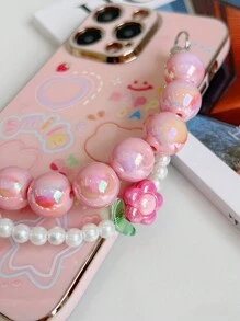 With Phone Charm Pink 1pc Electroplated Shockproof Phone Case With Cartoon Rabbit, Flower & Beaded Strap, Compatible With IPhone, Compatible With Samsung, Compatible With Xiaomi, Compatible With OPPO, Compatible With VIVO