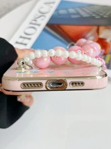 With Phone Charm Pink 1pc Electroplated Shockproof Phone Case With Cartoon Rabbit, Flower & Beaded Strap, Compatible With IPhone, Compatible With Samsung, Compatible With Xiaomi, Compatible With OPPO, Compatible With VIVO