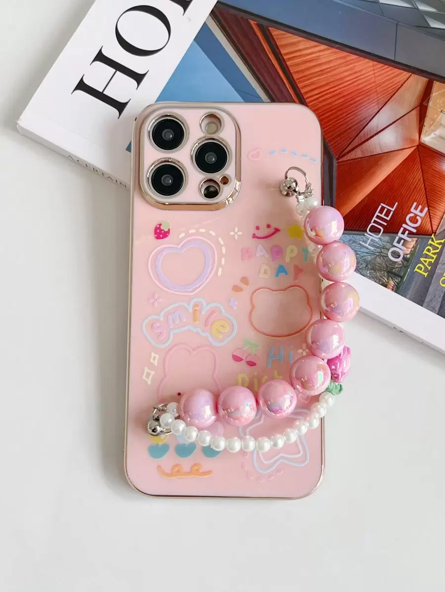 With Phone Charm Pink 1pc Electroplated Shockproof Phone Case With Cartoon Rabbit, Flower & Beaded Strap, Compatible With IPhone, Compatible With Samsung, Compatible With Xiaomi, Compatible With OPPO, Compatible With VIVO