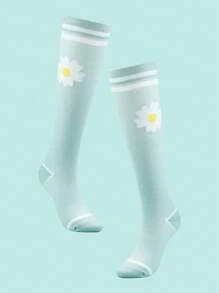 1pair Women's Simple & Fashionable Light Blue Floral Graduated Compression Socks For Outdoor Sports - Baby Blue - View 1