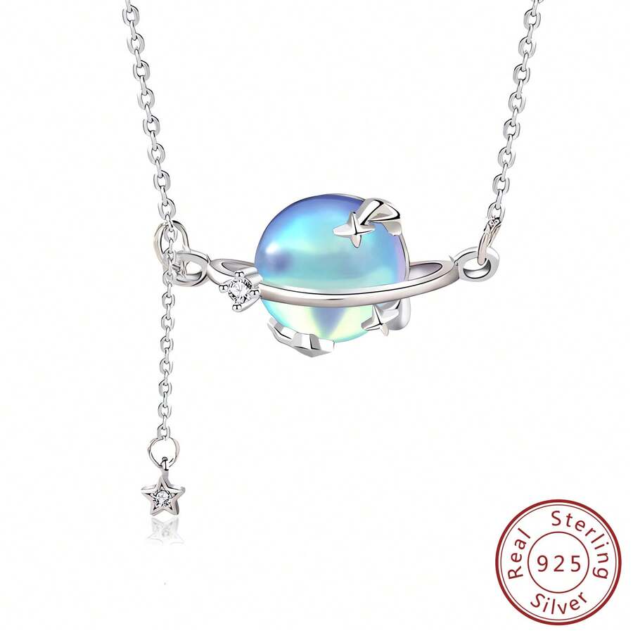 Fashionable Sterling Silver Moonstone Planet Necklace For Women, Forest-themed Design With Fringe Tassel Details, Long Clavicle Chain Pendant - moonstone planet - View 1