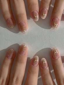 24 件優雅風格短橢圓形香檳金箔美甲藝術包套裝帶果凍膠和指甲銼,適合郊遊、休閒、娛樂、派對、舞蹈、日常穿著 - 香檳色 - 查看 1