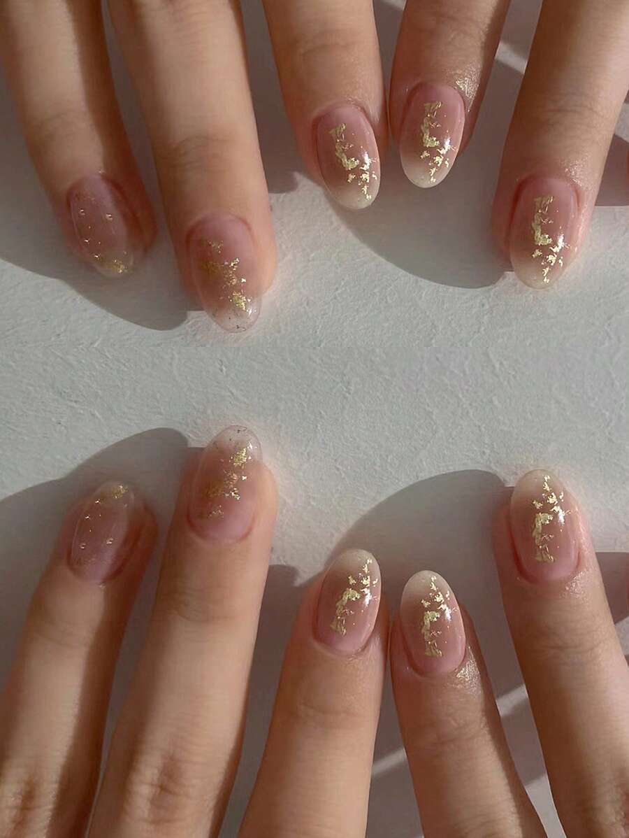 24 件優雅風格短橢圓形香檳金箔美甲藝術包套裝帶果凍膠和指甲銼,適合郊遊、休閒、娛樂、派對、舞蹈、日常穿著 - 香檳色 - 查看 1