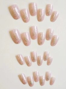 24 件優雅風格短橢圓形香檳金箔美甲藝術包套裝帶果凍膠和指甲銼,適合郊遊、休閒、娛樂、派對、舞蹈、日常穿著 - 香檳色 - 查看 2