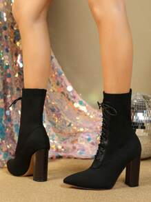 女士欧美新款英伦风舒适简约时尚法式高跟粗跟条纹高跟罗马风系带单脚尖头高筒靴适合社交活动和优雅风格、街头风格 - 黑色 - 查看 5