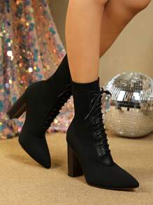 女士欧美新款英伦风舒适简约时尚法式高跟粗跟条纹高跟罗马风系带单脚尖头高筒靴适合社交活动和优雅风格、街头风格 - 黑色 - 查看 3