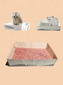1pc Foldable Disposable Paper Cat Litter Box - Black and White - View 2