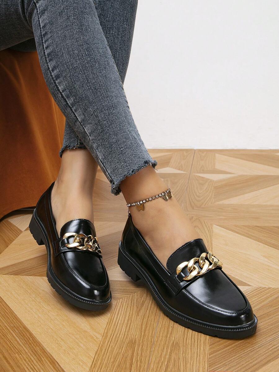 2023 Mùa thu Chóp giầy tròn Dày Gót chân chất liệu da PU Của phụ nữ Búp bê , Lady Giày lười , Toàn trận Phong cách Anh quốc - màu đen - Xem 1