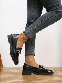 2023 Mùa thu Chóp giầy tròn Dày Gót chân chất liệu da PU Của phụ nữ Búp bê , Lady Giày lười , Toàn trận Phong cách Anh quốc - màu đen - Xem 5