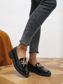 2023 Mùa thu Chóp giầy tròn Dày Gót chân chất liệu da PU Của phụ nữ Búp bê , Lady Giày lười , Toàn trận Phong cách Anh quốc - màu đen - Xem 3