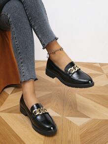 2023 Mùa thu Chóp giầy tròn Dày Gót chân chất liệu da PU Của phụ nữ Búp bê , Lady Giày lười , Toàn trận Phong cách Anh quốc - màu đen - Xem 2