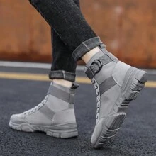 男士高幫系帶厚底運動鞋,防滑青少年和學生運動鞋,時尚戶外透氣帆布鞋,舒適休閒鞋 - 灰色 - 查看 5