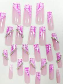 Actualice Su Estilo Con 24 Piezas De Uñas Postizas En Forma De Ataúd Con Patrón De Cocodrilo Y Decoración De Pedrería Para Fiestas, Bailes Y Uso Diario - Multicolor - Ver 3