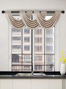 1pc Solid Color Coffee Color Curtain, Modern Short Curtain With Japanese & European Style Wave Pattern And Beige Tassel Design, Made Of Linen Blend Polyester Fabric, Suitable For Window And Door Decoration And Sunshade - Multicolor - View 10