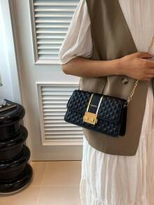 1 件黑色金屬裝飾菱形網格設計 Pu 鎖扣簡約時尚單肩包斜背包適合女士日常使用、旅行、工作、商學院等。 - 黑色 - 查看 2