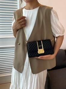 1 件黑色金屬裝飾菱形網格設計 Pu 鎖扣簡約時尚單肩包斜背包適合女士日常使用、旅行、工作、商學院等。 - 黑色 - 查看 4