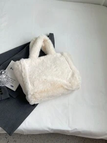 Fall/winter New Arrival Plush Handbag For Women, Large Capacity Furry Tote Bag, Fashionable Solid Shoulder Bag - Beige - View 9