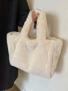 Fall/winter New Arrival Plush Handbag For Women, Large Capacity Furry Tote Bag, Fashionable Solid Shoulder Bag - Beige - View 5