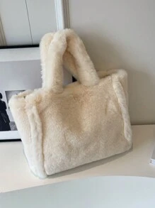 Fall/winter New Arrival Plush Handbag For Women, Large Capacity Furry Tote Bag, Fashionable Solid Shoulder Bag - Beige - View 1