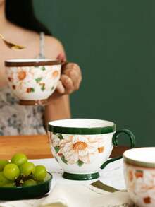 一個500毫升綠色山茶花早餐杯,山茶花早餐杯,帶蓋、湯匙、咖啡杯、高質感水杯、家用燕麥杯禮物的大容量陶瓷杯 - 綠色 - 查看 4