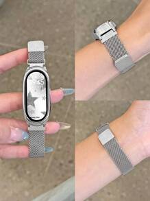 1pc Stainless Steel Protective Case & Magnetic Loop Wristband Strap Set Compatible With Xiaomi Mi Band 9/8/7/6/5/4/3, Mi Band 8/9 Active, Redmi Band 2 - Silver - View 13