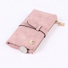 粉色長錢包女2023秋冬新款復古磨砂抽繩扣簡約時尚學生手拿包大容量女輕便時尚運動大容量折疊拉鍊扣多卡兩折女士pu皮長錢包學生錢包 - 粉色 - 查看 3