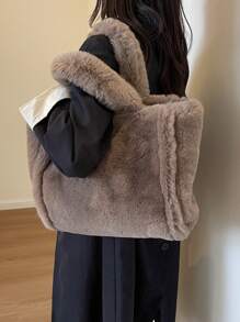 女士毛绒单肩包，秋冬新品。大容量毛绒手提包，时尚纯色手提包和单肩包 - 咖啡棕 - 查看 4