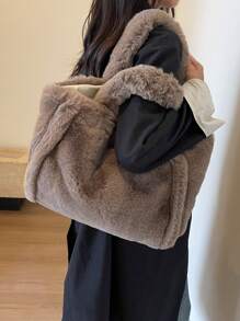 女士毛绒单肩包，秋冬新品。大容量毛绒手提包，时尚纯色手提包和单肩包 - 咖啡棕 - 查看 3