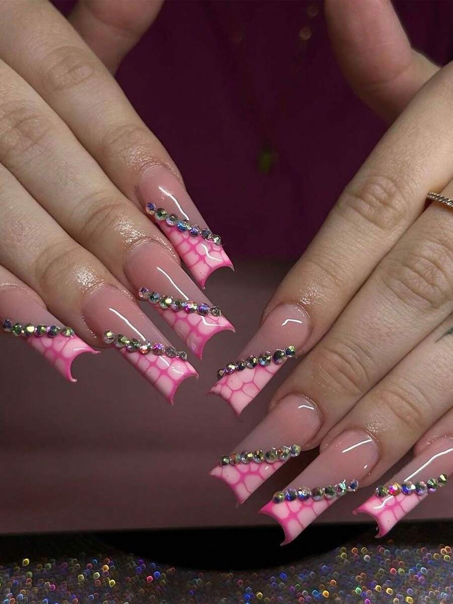 Actualice Su Estilo Con 24 Piezas De Uñas Postizas En Forma De Ataúd Con Patrón De Cocodrilo Y Decoración De Pedrería Para Fiestas, Bailes Y Uso Diario - Multicolor - Ver 1